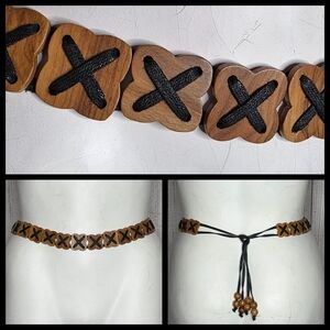 VTG 70s Wooden "X" Tile Belt with Leather Ties & Wood Beaded Tassels
